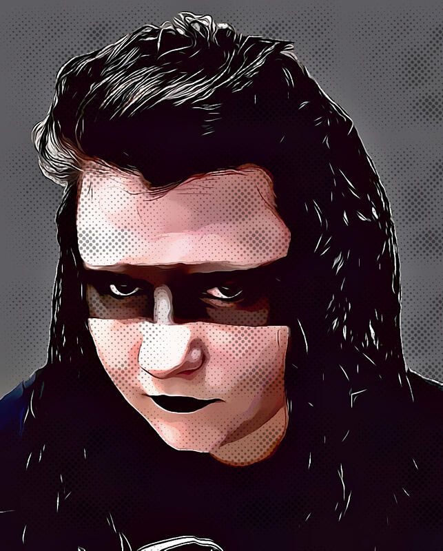 a stylized picture of Adrian, a white person with black hair, black lipstick, and a dark grey band of makeup around their eyes